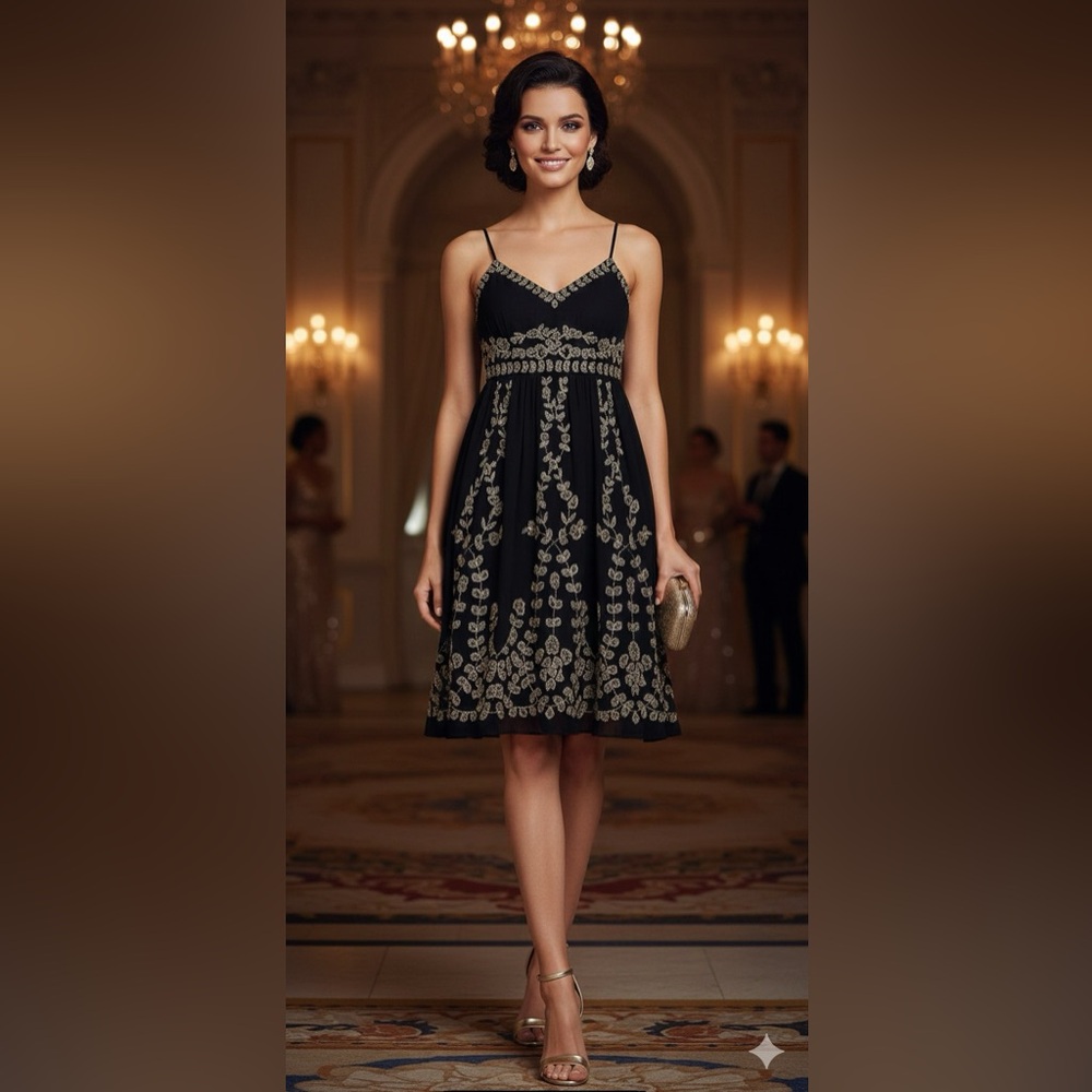Adrianna Papell Black Gold Beaded Mini Cocktail Dress 8